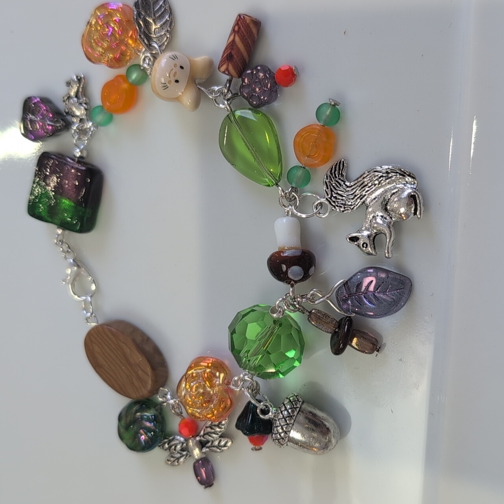 Handmade Forrest Glass Bead Charm Bracelet with Silver Accents 7"